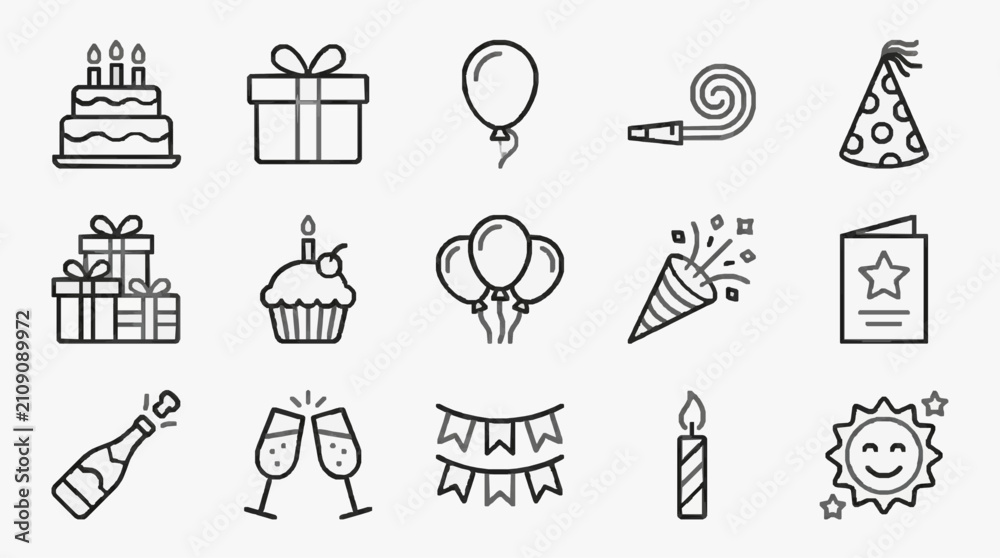 Fototapeta premium Corporate Black and White Line Art Icons Set Featuring Party and Celebration Elements for Presentations Websites and Marketing