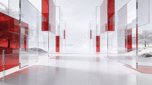 Glass walls glow red against snowy terrain