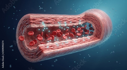 A medical illustration of a blood vessel with red blood cells and plasma