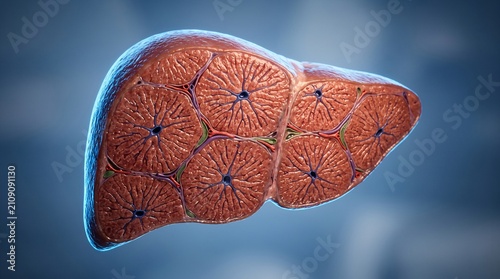 A detailed illustration of a human liver with visible lobules and a blue background