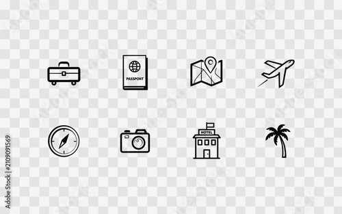 Travel and tourism icons set, vector illustration of vacation symbols including suitcase, passport, map, airplane, compass, camera, hotel and palm tree