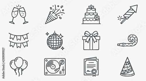 Professional Black and White Line Drawing Icons Set of Celebration Party Elements for Event Decorations and Invitations