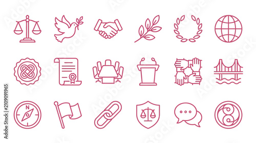 Konstfotografi Collection of line art icons representing justice, peace, law, and diplomacy