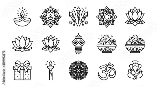 Set of thin line icons representing traditional Indian festival Diwali celebration elements and symbols.