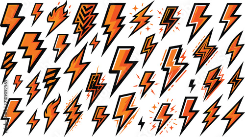 Lightning bolt orange cartoon flash sticker vector icon collection with thunder power sparks electricity energy speed and fire elements