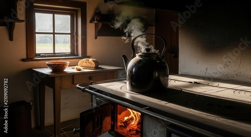 Cozy kitchen with steaming kettle on wood stove