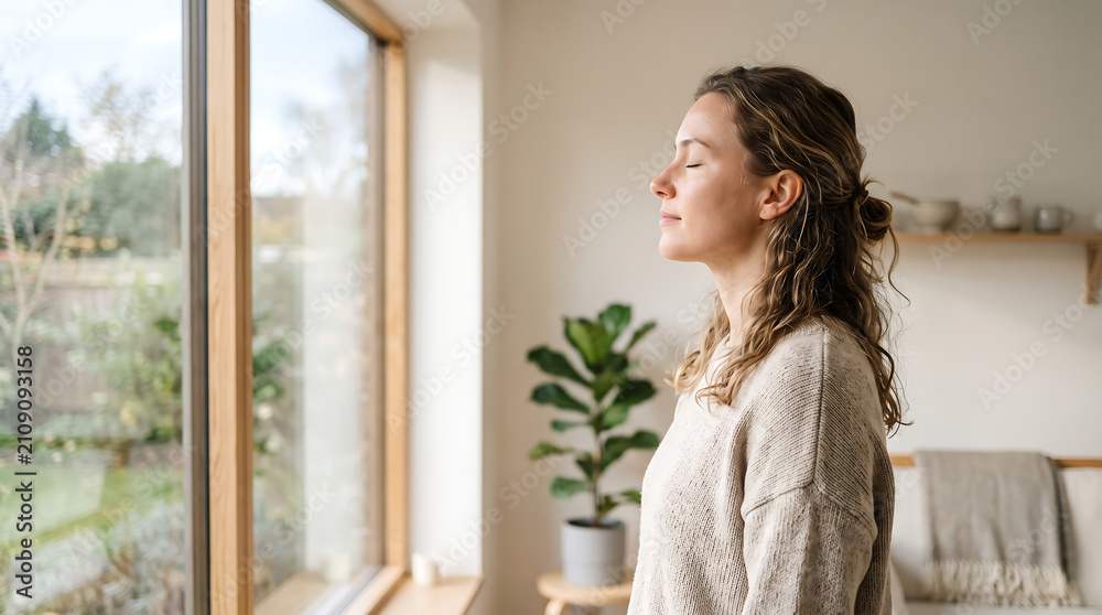 Naklejka premium Young Woman Taking a Deep Breath During a Quiet Wellness Morning