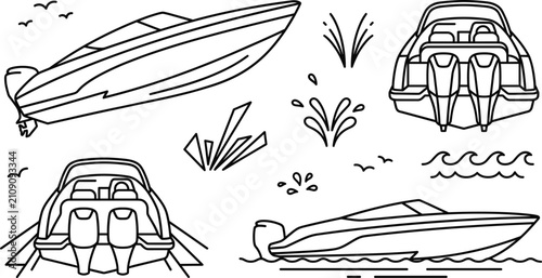 Quadro su tela Speedboat motorboat vector line art collection featuring modern powerboats with