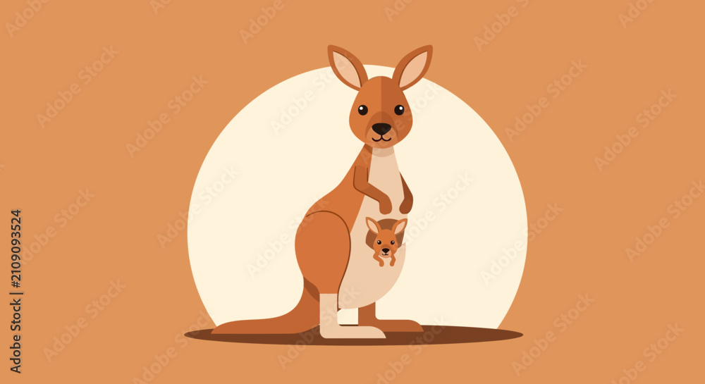 Obraz premium Cartoon kangaroo with joey in pouch standing upright.