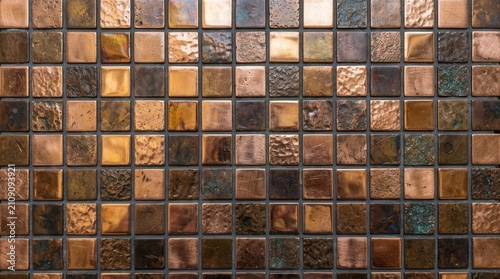 Close-up grid small square tiles arranged Texture of illuminated glass block wall with warm and cool