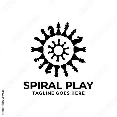 Fotografie Minimalist black and white logo featuring chess kings and queens in a sunburst pattern