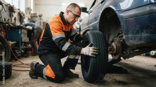 This image we can see mechanic Car Tire Replacement by