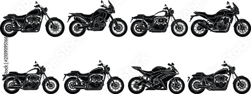 Quadro su tela Motorcycle silhouette collection, bike outline figure, cruiser motif illustratio