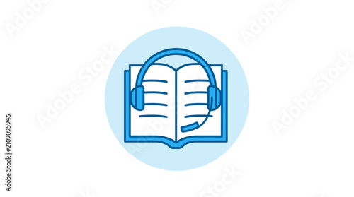 Headset over open book isometric icon.