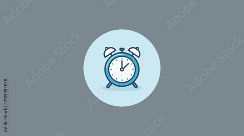 Blue analog alarm clock icon on circular background.