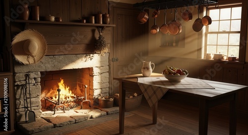 cozy rustic kitchen with fireplace and wooden table