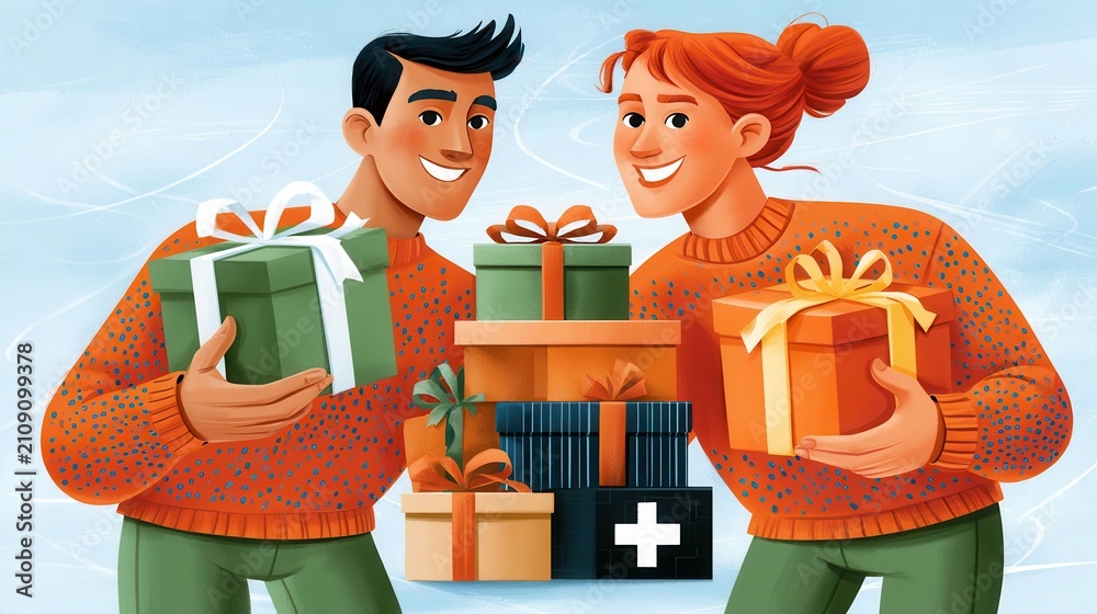 Fototapeta premium Friends exchanging holiday gifts and smiling together in cozy winter sweaters