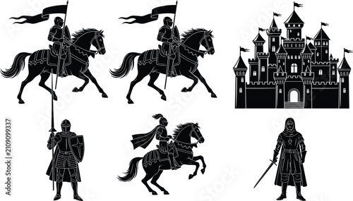 Foto Medieval knight silhouette illustrations, castle warfare artwork, chivalry desig