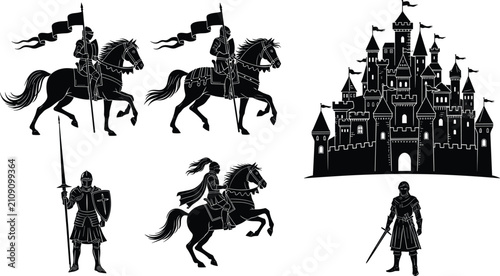 Foto Medieval knight silhouette illustration, castle fortress design, mounted horse w