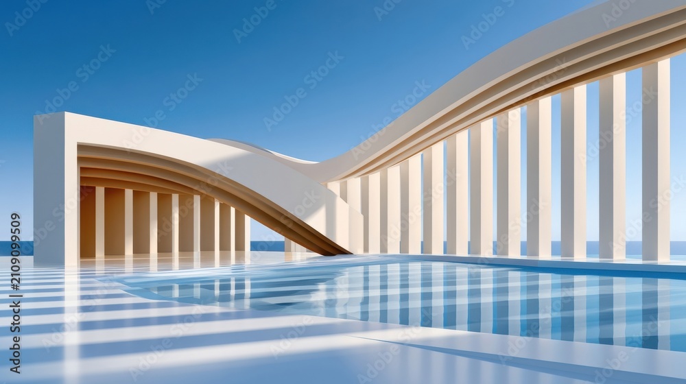 Fototapeta premium Minimalist futuristic architectural scene with curved colonnade and reflective pool by the sea