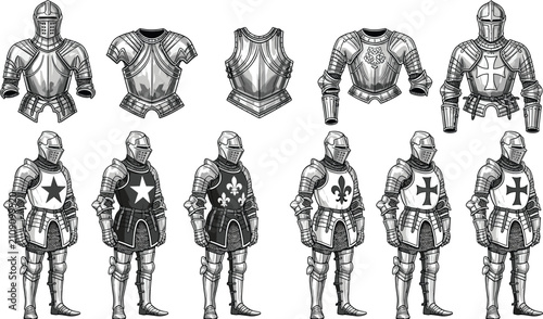 Foto Medieval knight silhouette collection, armor outline figure, heraldic motif illu