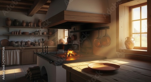 Cozy Rustic Kitchen with Fireplace, Sunlight Beams, and Vintage Pots