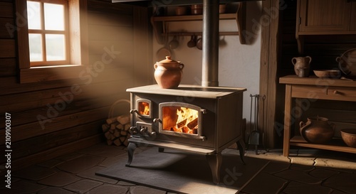 Cozy rustic kitchen with wood stove, pot and sunbeams