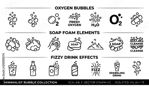Foto Oxygen Bubbles Soap Foam and Fizzy Drink Effect Icon Collection Featuring Liquid