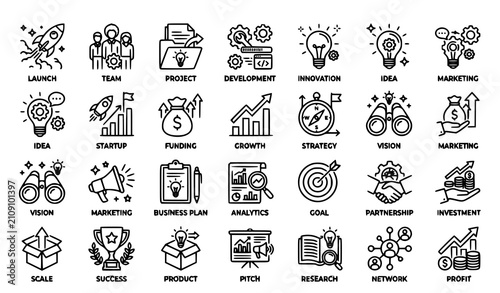 Business Strategy and Marketing Management Line Icon Collection Featuring Analytics Innovation and Growth Concepts
