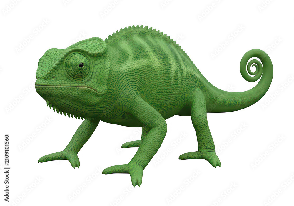 Fototapeta A bright green chameleon lizard with a curly tail standing in a natural position isolated on transparent background