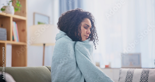 Konstfotografi Cold, woman and sick with blanket in home for viral infection, high temperature and fatigue