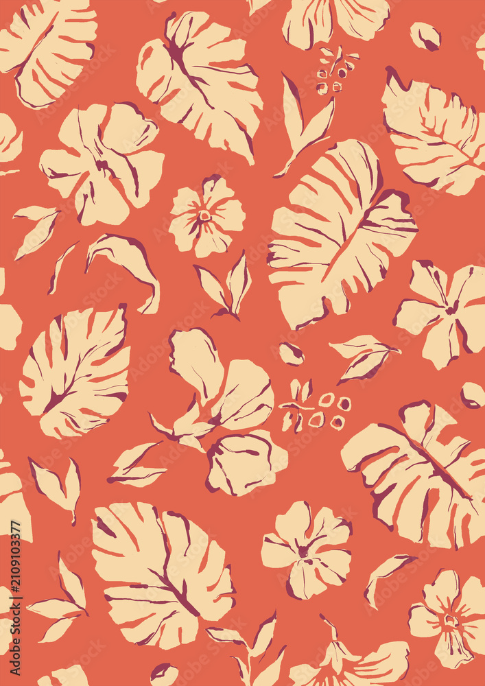 Fototapeta premium Cream Tropical Monstera Leaf and Hibiscus Seamless Pattern on Coral Orange Background