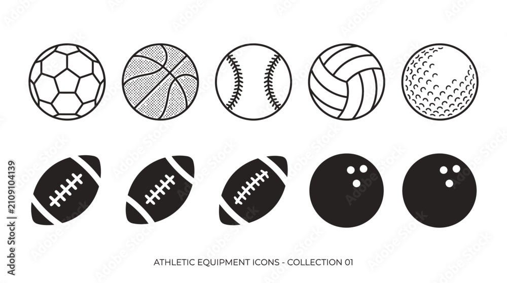 Fototapeta premium Ten sports ball icons in black‑and‑white silhouette style, representing diverse athletic equipment for design, education, and sports branding.
