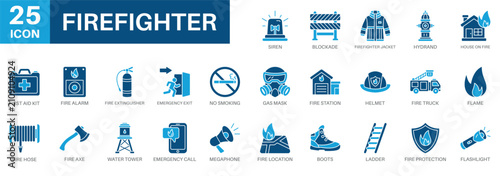 firefighter icon set, evacuation, emergency, fireman,professional, and work profession. Simple vector symbols collection suitable for symbols and more