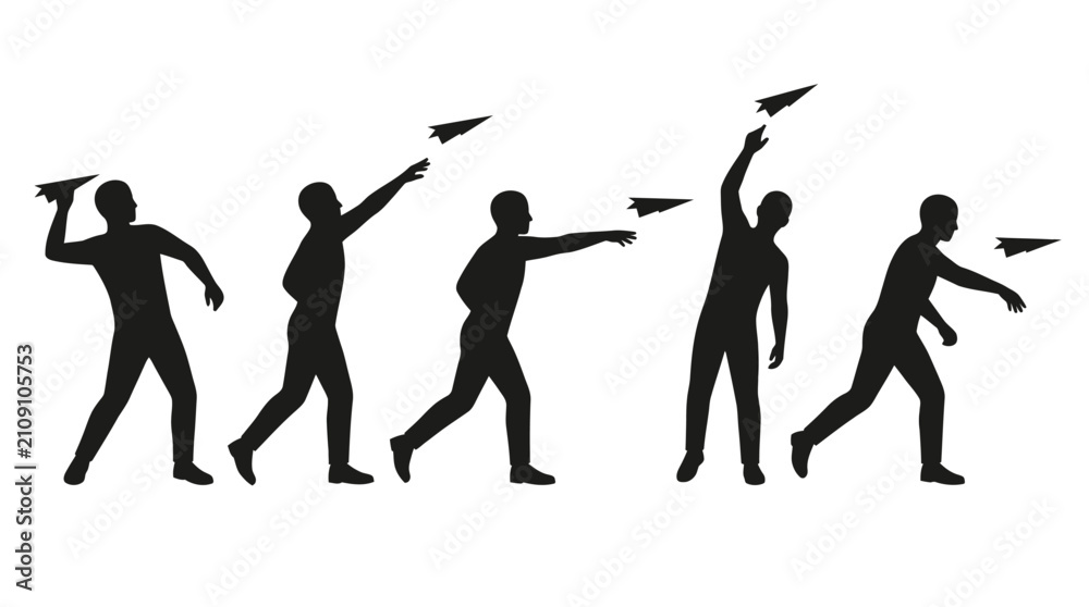 Obraz premium Silhouette of Men Throwing Paper Planes Set Vector