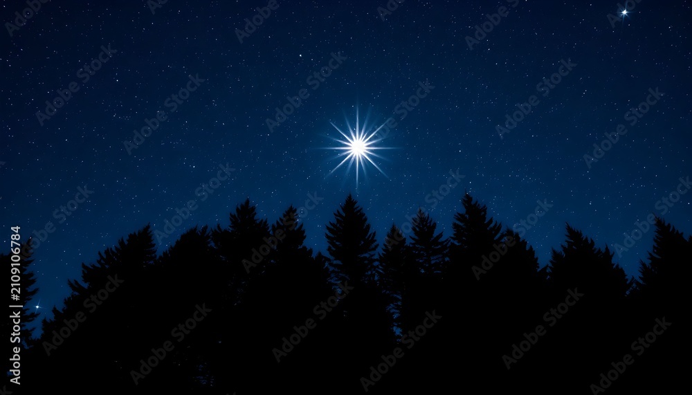Fototapeta premium Mystical star shining over silhouetted forest trees at night