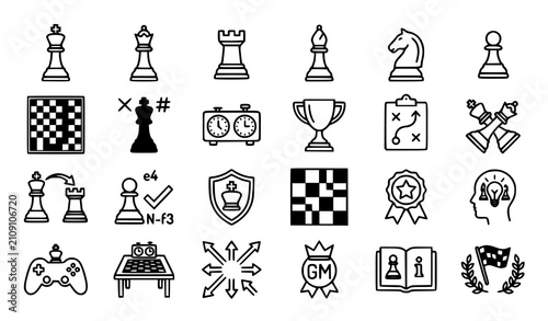Canvas Print Chess strategy icons pieces tactics and tournament elements in black and white