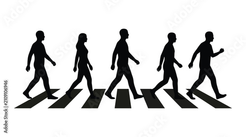 Fotografia Group of Pedestrians Walking Across a Marked City Crosswalk Silhouettes