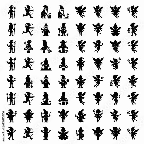 Collection of Silhouette Characters Including Gnomes and Fairies.
