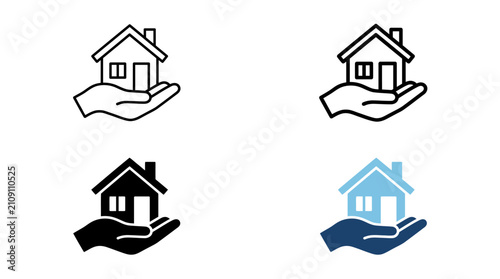 Bild auf Leinwand Four hand-held house icons in different colors symbolizing home protection, real