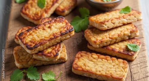 Golden Fried Tempeh Slices Stacked on Wooden Board with Green Herbs