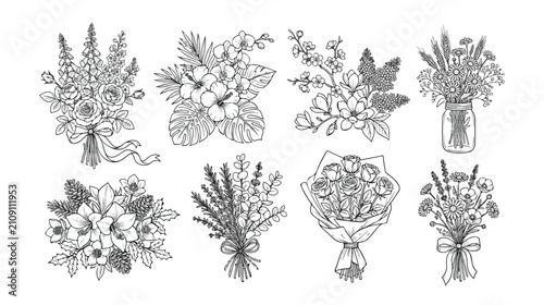 Bild auf Leinwand Vintage hand drawn floral bouquets set, 8 botanical flower arrangements in line