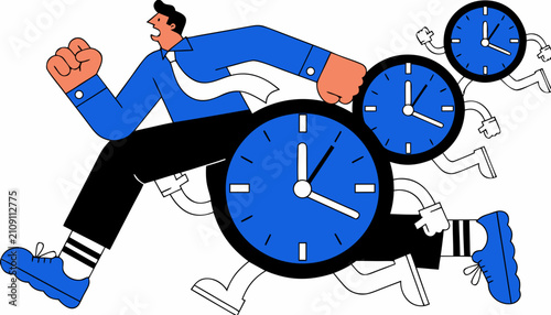 Businessman running with clocks as wheels symbolizing time management and efficiency.