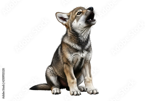 A cute little wolf pup sitting and howling at the sky in a natural wilderness isolated on transparent background