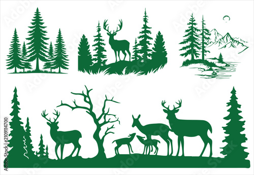 Photography Forest deer silhouettes set