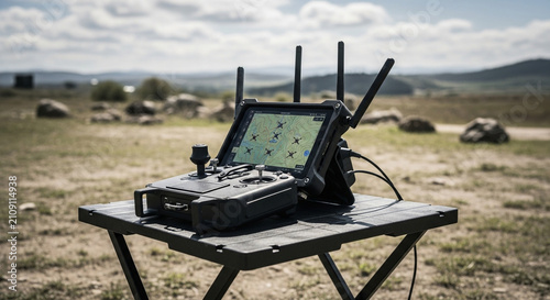 Drone remote controller with a screen displaying a map and several aircraft icons on a table outdoors