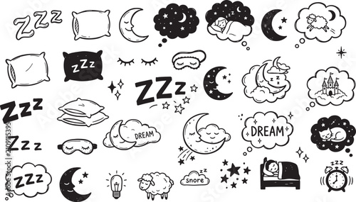Foto Cute hand drawn sleep icons collection: zzz, moon, stars, pillow, sheep, dream c