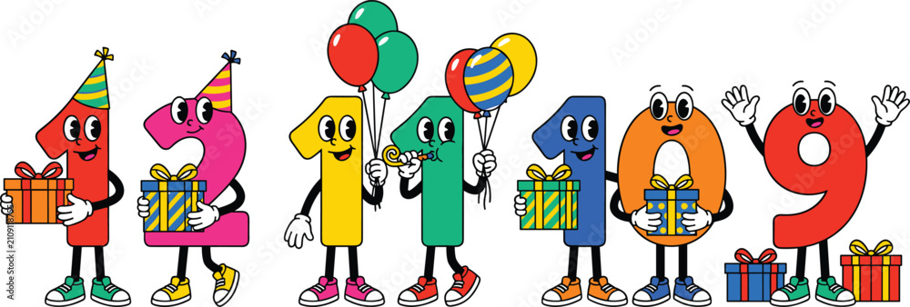 Naklejka premium Cute Cartoon Number Characters with Birthday Party Elements and Gift Boxes for Kids Anniversary Designs