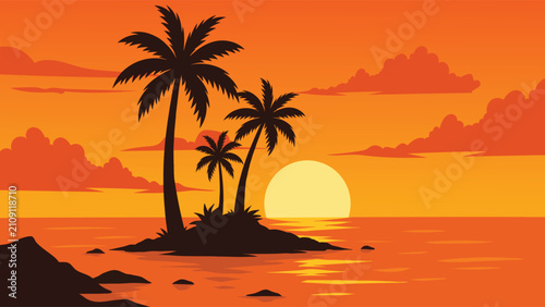 Beautiful Tropical Island Sunset Flat Vector Landscape With Palm Tree Silhouettes And Ocean Reflection