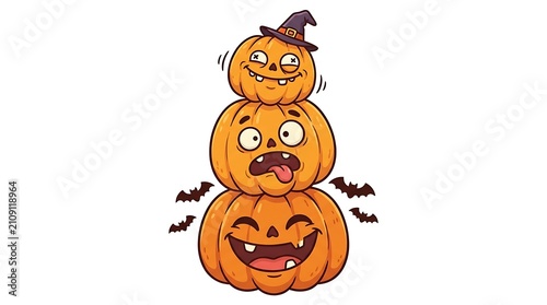 Stack of funny Halloween pumpkins. Cartoon jack-o-lanterns with bats on white background.